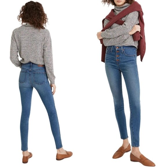 Madewell High-Rise Skinny Jeans Button Down Hem Distressed Denim 34 - Picture 1 of 9